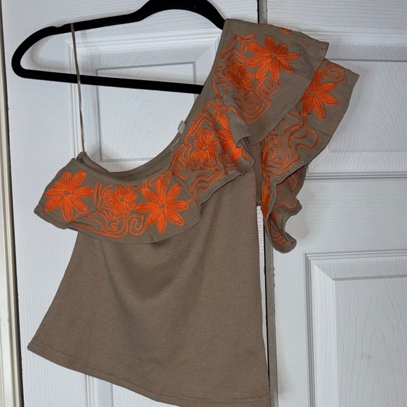 Anthropologie Dolan One-Shoulder Dress in Tan with Orange Floral Accents - Picture 4 of 5
